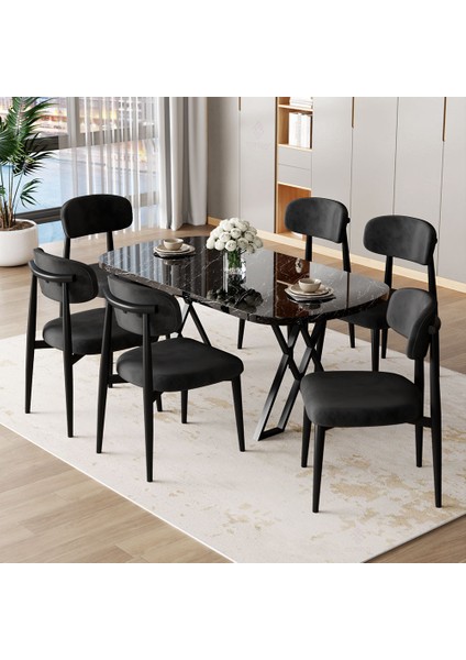 Jolin Serisi Mdf 90X168 Siyah Mermer Desen Mutfak Masa Takımı 6 Siyah Metal Sandalye