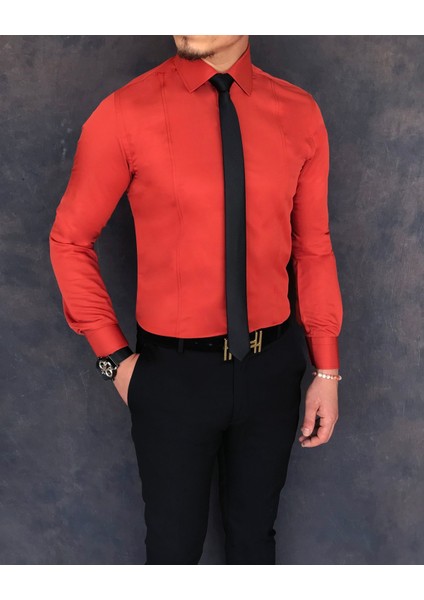 Italyan Stil Slim Fit Erkek Kravat Yaka Gömlek Kiremit T5904