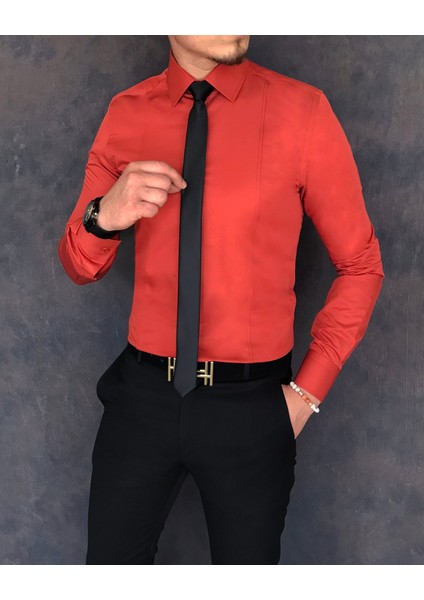 Italyan Stil Slim Fit Erkek Kravat Yaka Gömlek Kiremit T5904 fiyatları