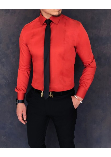 Italyan Stil Slim Fit Erkek Kravat Yaka Gömlek Kiremit T5904 modelleri