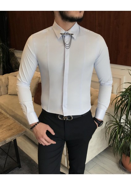 Italyan Kesim Slim Erkek Saten Buz Mavisi Zincirli Gömlek T6792 fiyatları