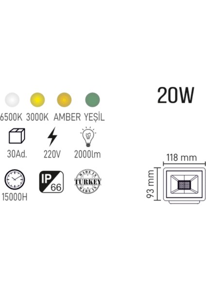 20W LED Projektör |günışığı| Bahçe, Halı Saha, Dış Mekan Aydınlatma | IP66 Su Geçirmez fiyatları