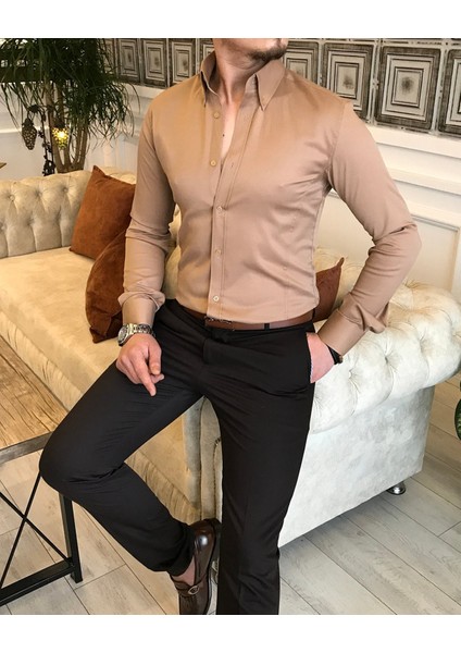 italyan stil slim fit dik yaka saten erkek gömlek Vizon T5104 fiyatları
