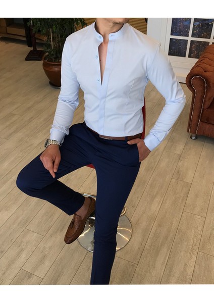 Italyan Kesim Slim Fit Erkek Hakim Yaka Gömlek Buz Mavisi T4796