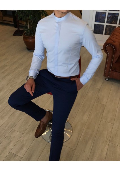 Italyan Kesim Slim Fit Erkek Hakim Yaka Gömlek Buz Mavisi T4796 fiyatları