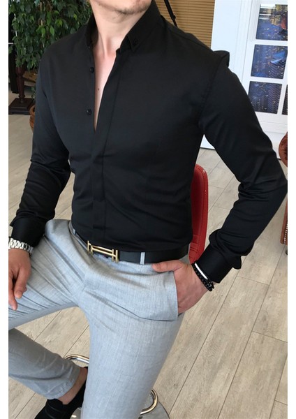 Italyan Kesim Slim Fit Erkek Küçük Yaka Gömlek Siyah T4798