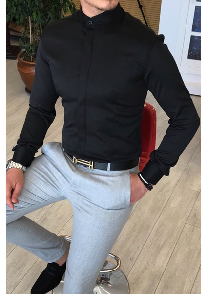 Italyan Kesim Slim Fit Erkek Küçük Yaka Gömlek Siyah T4798 fiyatları