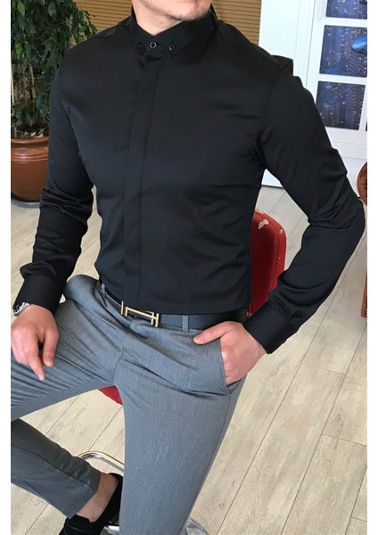 Italyan Kesim Slim Fit Erkek Küçük Yaka Gömlek Siyah T4798 fırsatları