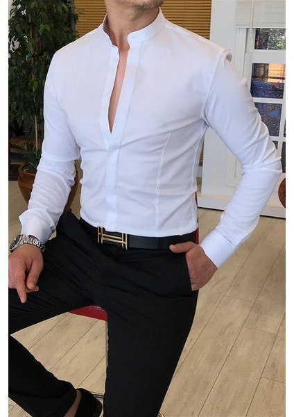 Italyan Kesim Slim Fit Erkek Hakim Yaka Gömlek Beyaz T4797