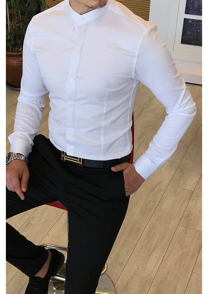 Italyan Kesim Slim Fit Erkek Hakim Yaka Gömlek Beyaz T4797 fiyatları