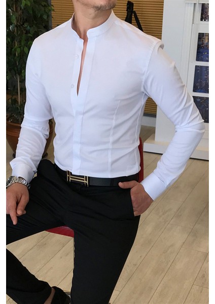 Italyan Kesim Slim Fit Erkek Hakim Yaka Gömlek Beyaz T4797 modelleri