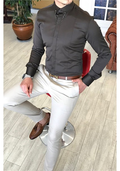 Italyan Kesim Slim Fit Erkek Saten Zincirli Gömlek Kahverengi T4801