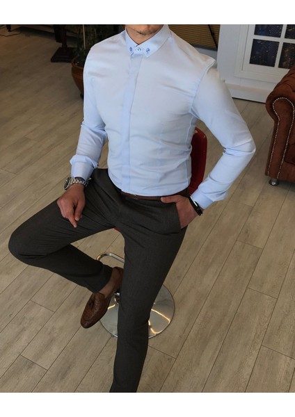 Italyan Kesim Slim Fit Erkek Küçük Yaka Gömlek Buz Mavisi T4799