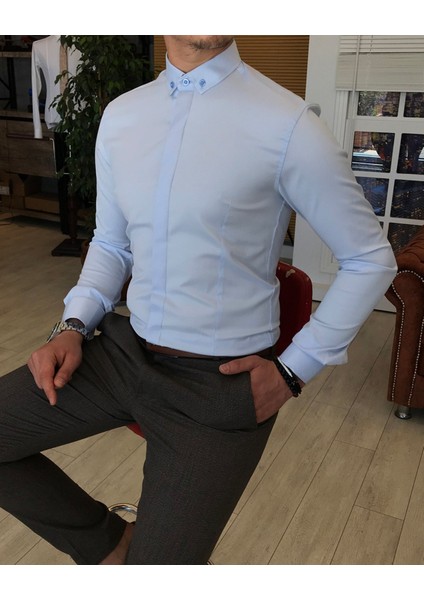 Italyan Kesim Slim Fit Erkek Küçük Yaka Gömlek Buz Mavisi T4799 fiyatları