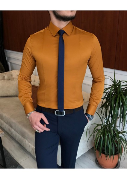 İtalyan stil slim fit erkek kravat yaka gömlek Hardal T6819