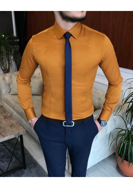 İtalyan stil slim fit erkek kravat yaka gömlek Hardal T6819 fiyatları