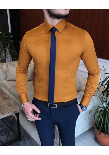 İtalyan stil slim fit erkek kravat yaka gömlek Hardal T6819 modelleri