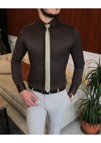 Italyan Stil Slim Fit Erkek Kravat Yaka Gömlek Kahverengi T6817