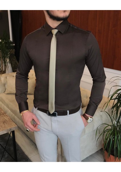 Italyan Stil Slim Fit Erkek Kravat Yaka Gömlek Kahverengi T6817 fiyatları