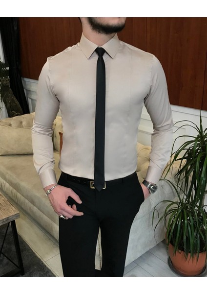 Italyan Stil Slim Fit Erkek Kravat Yaka Gömlek Bej T6821