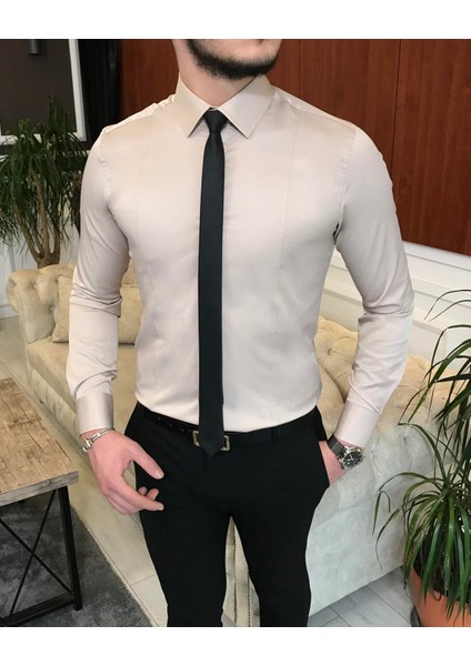 Italyan Stil Slim Fit Erkek Kravat Yaka Gömlek Bej T6821 modelleri