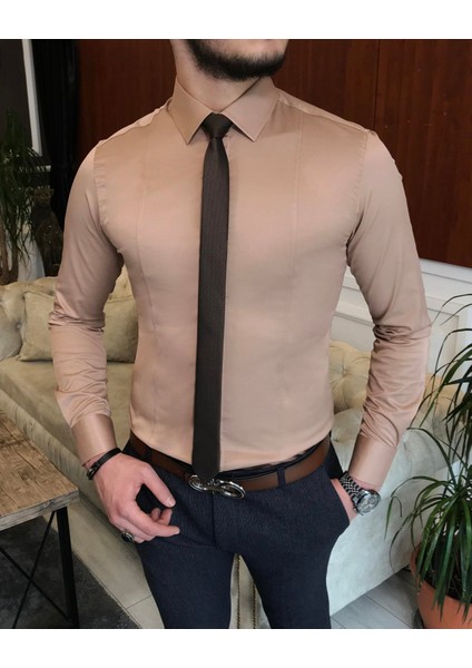 Italyan Stil Slim Fit Erkek Kravat Yaka Gömlek Vizon T6820