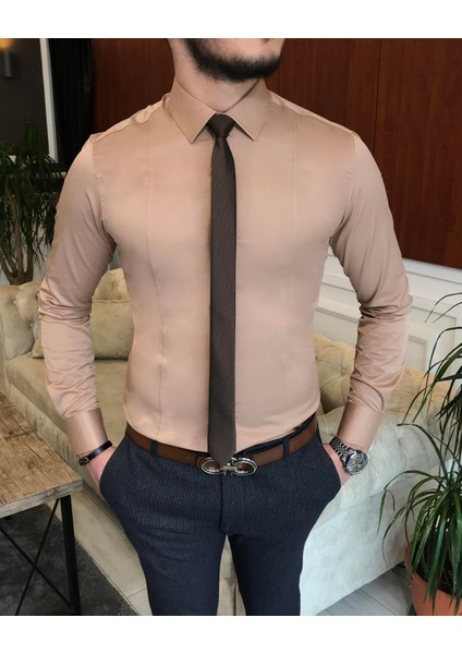 Italyan Stil Slim Fit Erkek Kravat Yaka Gömlek Vizon T6820 fiyatları
