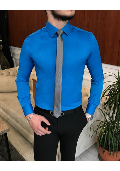 Italyan Stil Slim Fit Erkek Kravat Yaka Gömlek Saks T6815