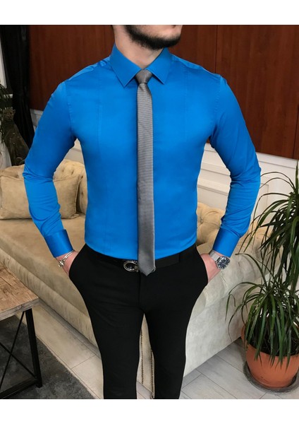 Italyan Stil Slim Fit Erkek Kravat Yaka Gömlek Saks T6815 fiyatları