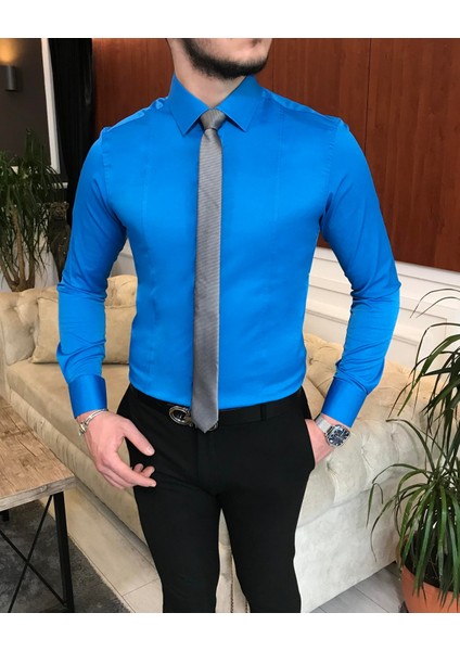 Italyan Stil Slim Fit Erkek Kravat Yaka Gömlek Saks T6815 modelleri