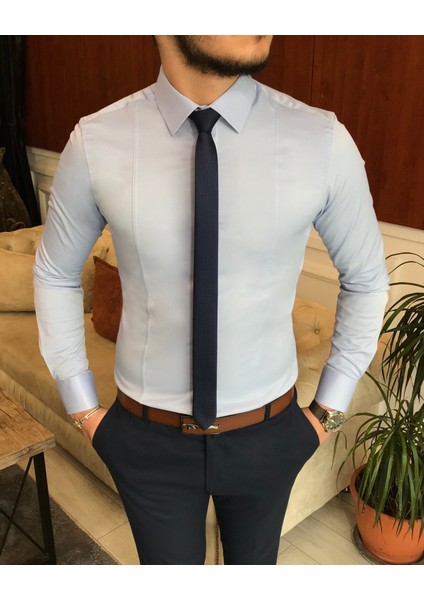 Italyan Stil Slim Fit Erkek Kravat Yaka Gömlek Mavi T6816 fiyatları