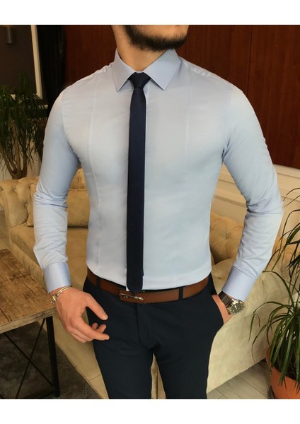 Italyan Stil Slim Fit Erkek Kravat Yaka Gömlek Mavi T6816 modelleri