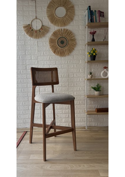 Concept Zion Bar Sandalyesi Teddy Gri Kumaş Hasırlı Ceviz Ahşap Ada Sandalye