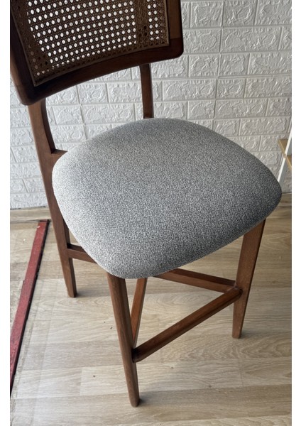 Concept Zion Bar Sandalyesi Teddy Gri Kumaş Hasırlı Ceviz Ahşap Ada Sandalye modelleri