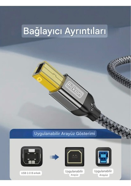 3-Metre Usb-A To Usb-B 2.0 Yazıcı Kablosu Ce Lisanslı Hasır Örgülü Sağlam Kablo