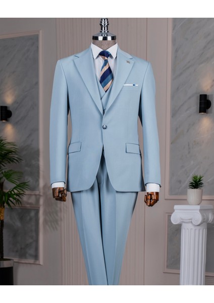 Italyan Stil Slim Fit Ceket Yelek Pantolon Takım Elbise Mavi T14185