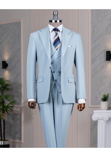 Italyan Stil Slim Fit Ceket Yelek Pantolon Takım Elbise Mavi T14185 modelleri