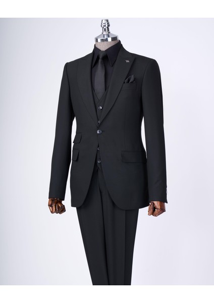 Italyan Stil Slim Fit 8 Drop Ceket Yelek Pantolon Takım Elbise Siyah T12730