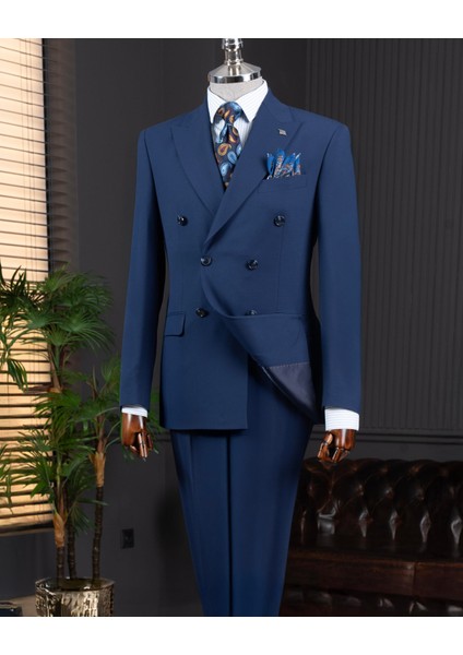Italyan Stil Kruvaze Ceket Pantolon Takım Elbise Lacivert T14117