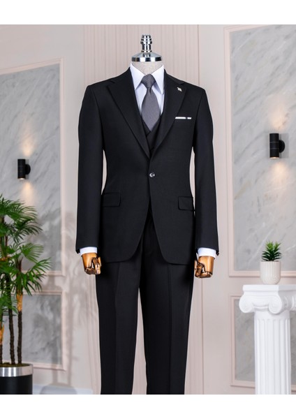 Italyan Stil Slim Fit Ceket Yelek Pantolon Takım Elbise Siyah T14187