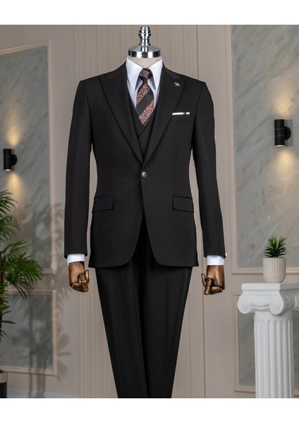 Italyan Stil Slim Fit Ceket Yelek Pantalon Takım Elbise Siyah T13960