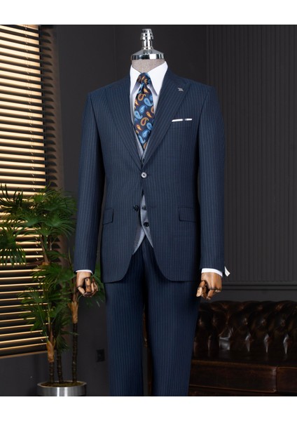 Italyan Stil Kombin Takım Elbise Ceket Yelek Pantalon Lacivert T14042