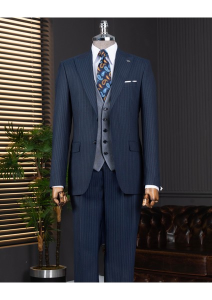 Italyan Stil Kombin Takım Elbise Ceket Yelek Pantalon Lacivert T14042 fiyatları