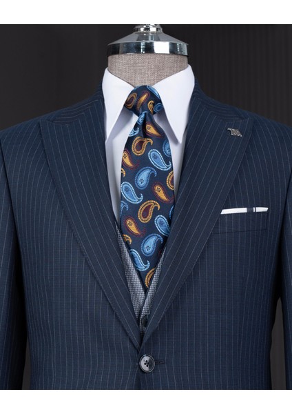 Italyan Stil Kombin Takım Elbise Ceket Yelek Pantalon Lacivert T14042 modelleri