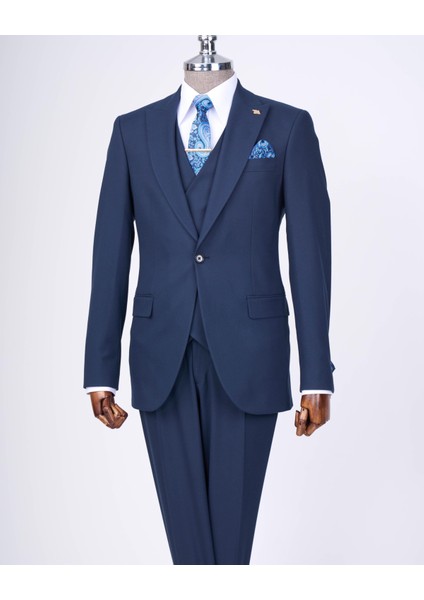 Italyan Stil Slim Fit Erkek Ceket Yelek Pantolon Takım Elbise Lacivert T13466