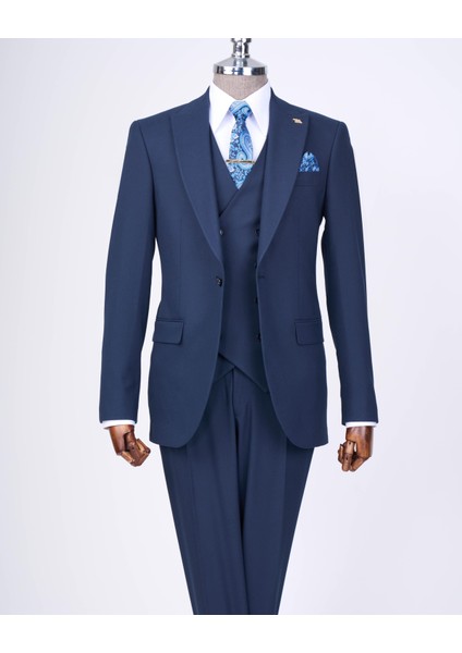 Italyan Stil Slim Fit Erkek Ceket Yelek Pantolon Takım Elbise Lacivert T13466 indirimleri