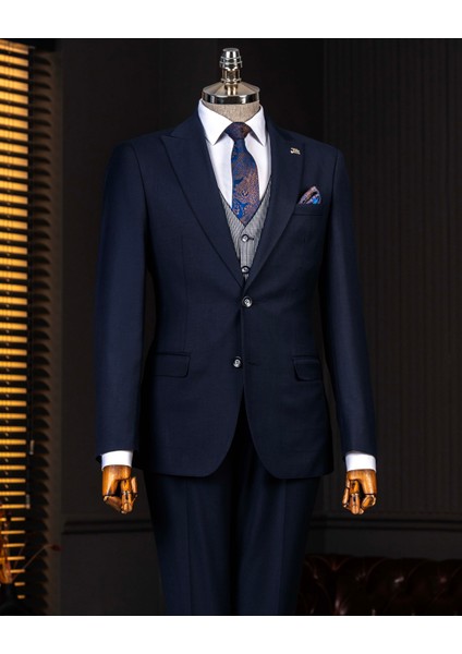 Italyan Stil Kombin Takım Elbise Ceket Yelek Pantalon Lacivert T14354