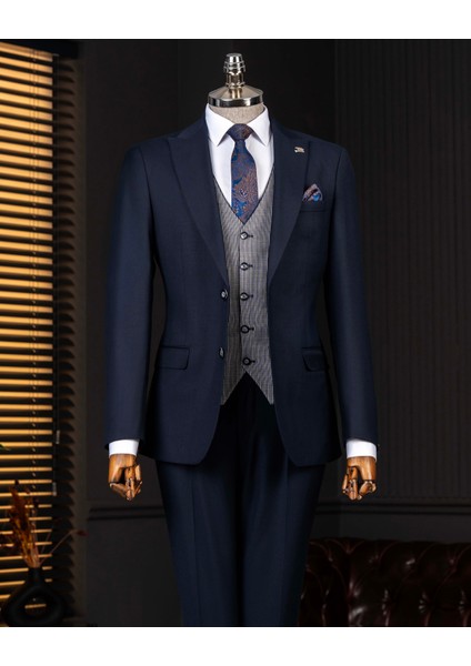 Italyan Stil Kombin Takım Elbise Ceket Yelek Pantalon Lacivert T14354 modelleri