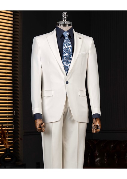 Italyan Stil Slim Fit Ceket Pantolon Takım Elbise Ekru T14158