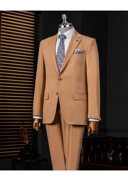 Italyan Stil Slim Fit Ceket Pantalon Takım Elbise Camel T14000